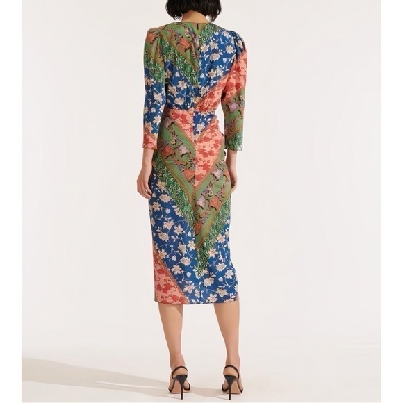 NWOT Veronica Beard Midi Silk-Blend Ruched Floral Mary Long-Sleeve Dress - Picture 6 of 8